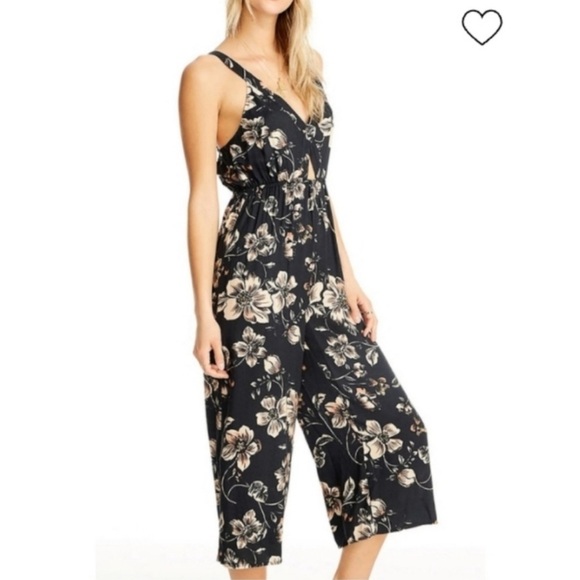 Saltwater Luxe Floral Jumpsuit Cropped Wide Leg Black Small Boho Hippie Beachy - Picture 4 of 12